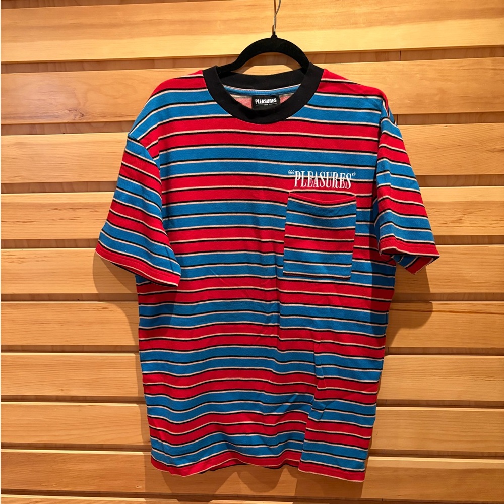 Red and Blue Striped Short Sleeve Tee with Retro Vibe
